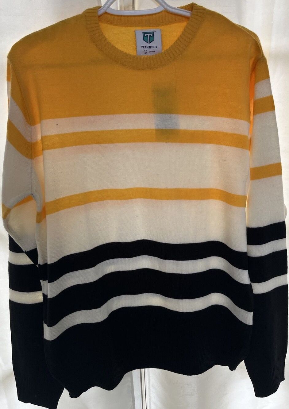 Team Spirit Women’s Sweater Large Striped Yellow Black Crew Neck Pullover NWT